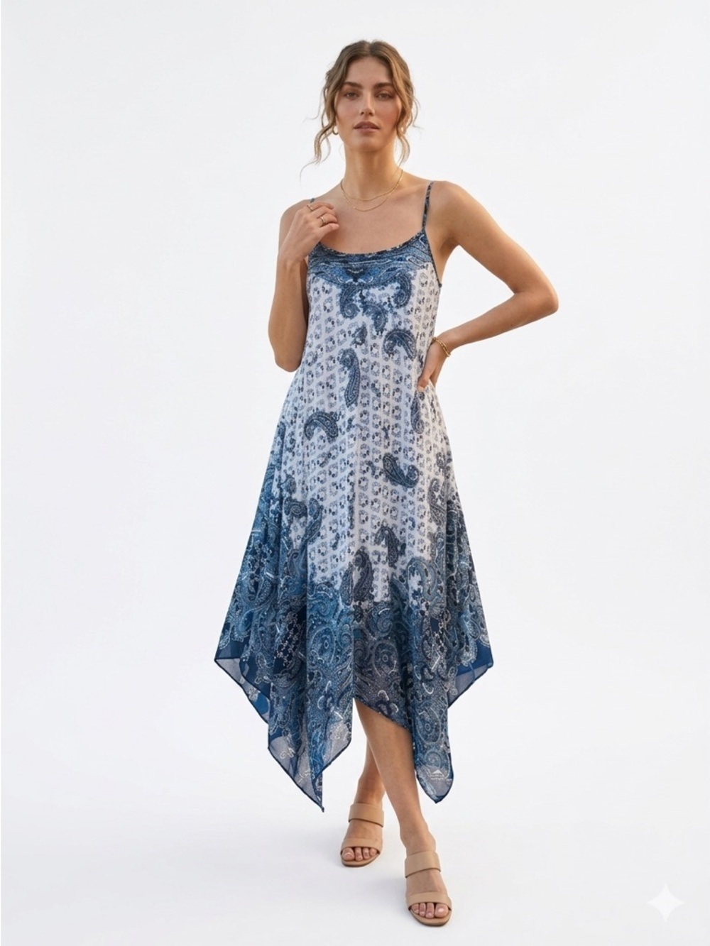 Boston Proper Blue Paisley Asymmetrical Handkerchief Hem Dress